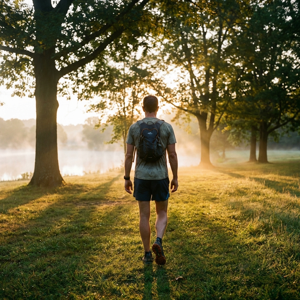 Man walking outdoors in morning light